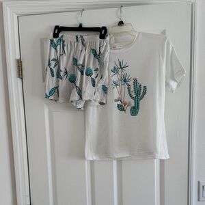 White Cactus Print Pajama Set
